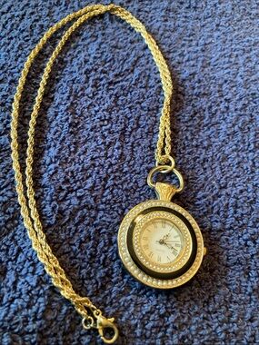 Gold-Tone Pendant Watch Necklace with Pearl-like Accents - Keeps Perfect Time